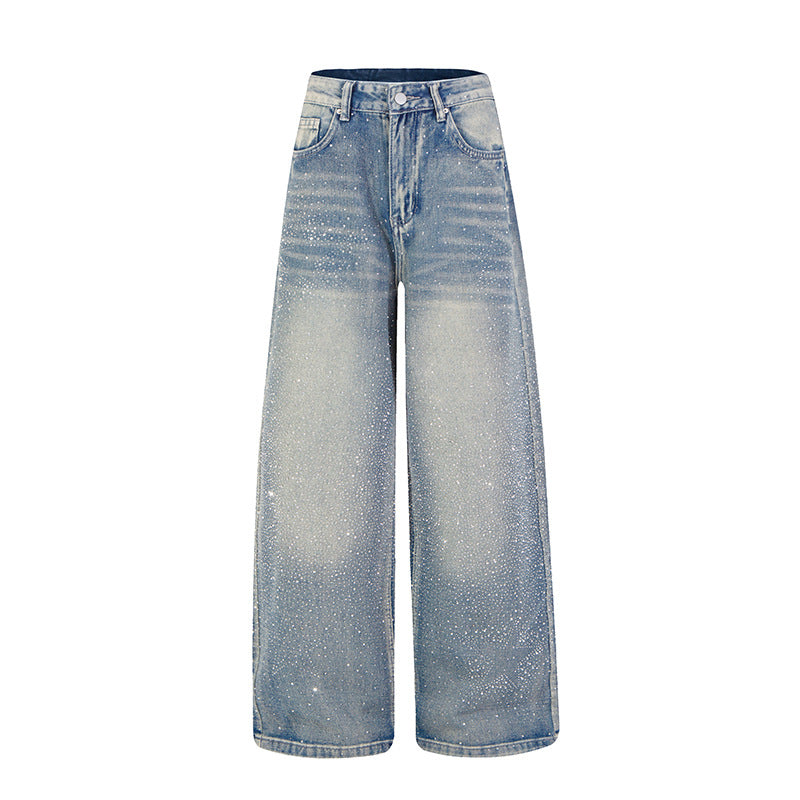 Women wide high-cut palazzo jeans with glitter effect and vintage wash EVA-US