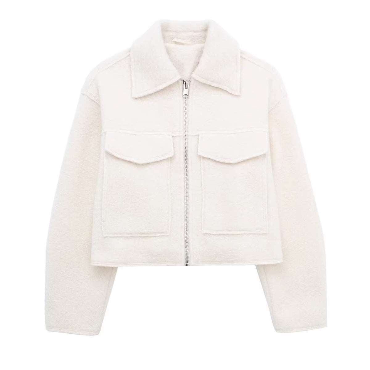 Women's Short Cut Sherpa Jacket with Zip and Flap Pockets EVA-US
