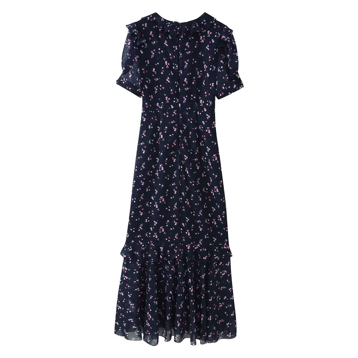 Women’s maxi dress with ruffles, V-neck and floral chiffon look EVA-US
