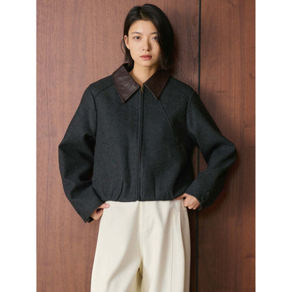 Women's Short Boxy Wool Jacket with Contrasting Leather Collar EVA-US