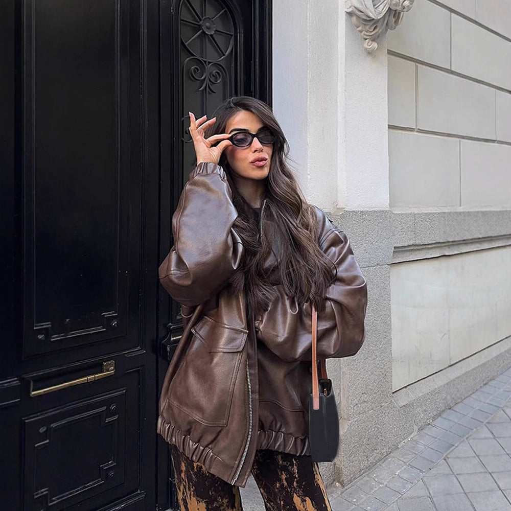 Women's Oversize Vegan Leather Bomber Jacket with Elastic Hem & Large Flap Pockets EVA-US
