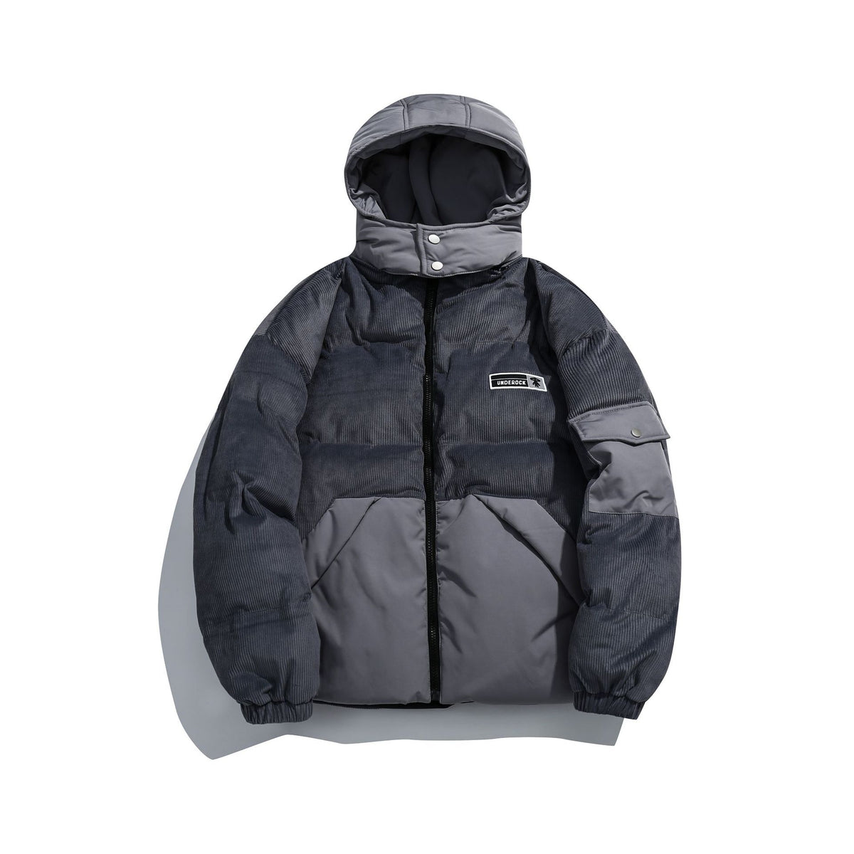 Women's cord quilted puffer jacket with hood and utility arm pocket EVA-US