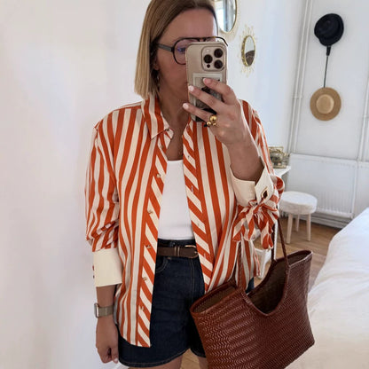 Women Striped Oversized Shirt Blouse with Ties on Sleeves and Concealed Button Placket EVA-US
