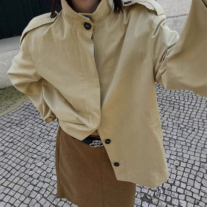 Women's Short Blouse-Trench with Stand-up Collar, Shoulder Patches and Balloon Sleeves EVA-US