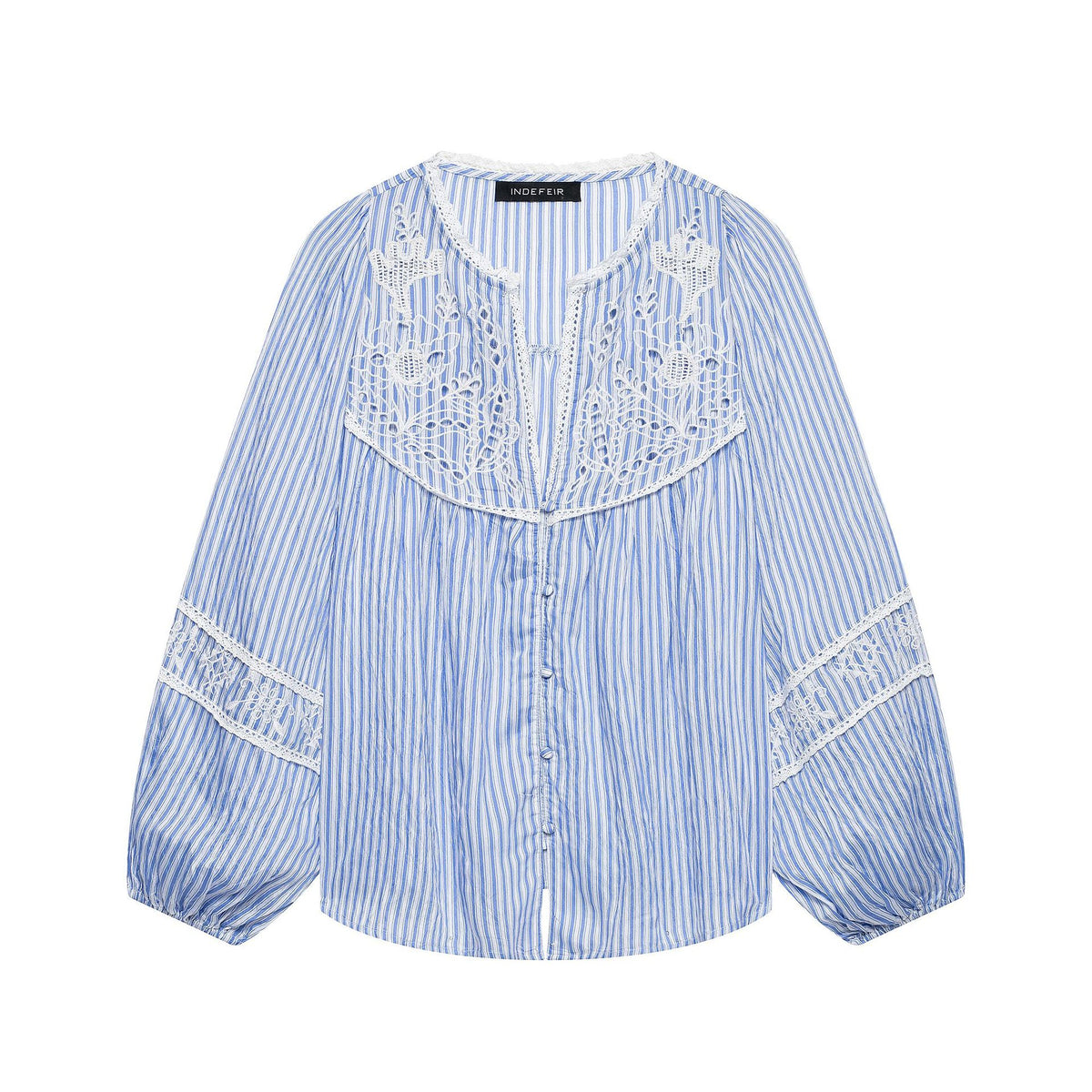 Ladies Striped Blouse with Crochet Lace, Balloon Sleeves and Button Placket EVA-US