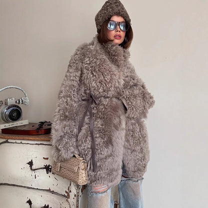 Women Oversize Faux Fur Coat with Curly Teddy Look and Wide Boxy Silhouette EVA-US