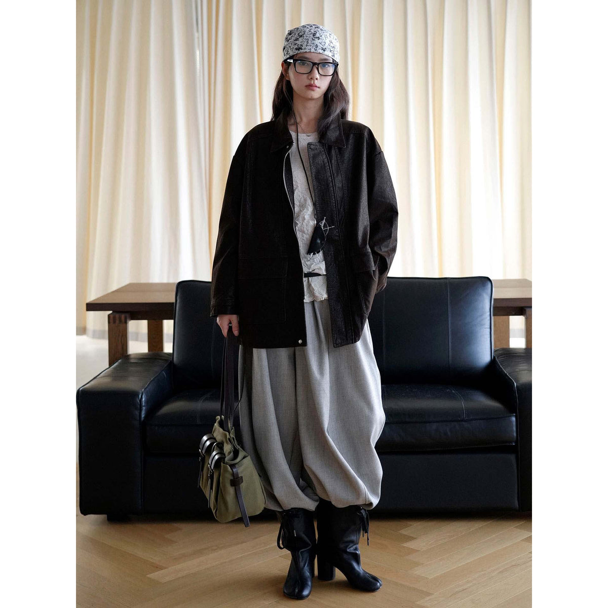 Women's Oversize Faux Leather Coat with Zipper and Patch Pockets EVA-US