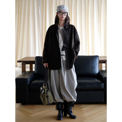 Women's Oversize Faux Leather Coat with Zipper and Patch Pockets EVA-US