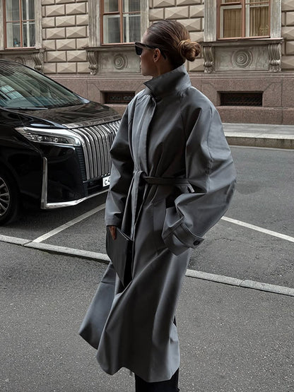 Women Oversized Trench Coat with High Stand Collar, Tie Belt and Concealed Button Placket EVA-US