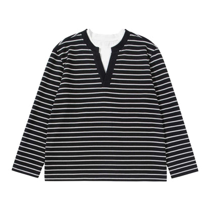Women Striped Knit Shirt with V-Neck and Layered Look EVA-US