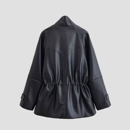 Women's Oversize Faux Leather Jacket with Stand-Up Collar, Drawstring Waist and Patch Pockets EVA-US