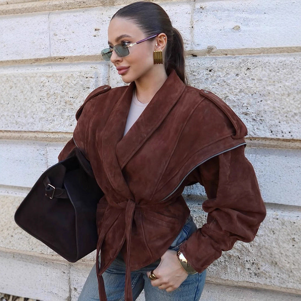 Ladies Velvet Leather Wrap Jacket with Wide Shawl Collar and Waist Belt EVA-US