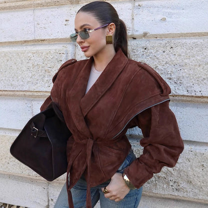 Ladies Velvet Leather Wrap Jacket with Wide Shawl Collar and Waist Belt EVA-US