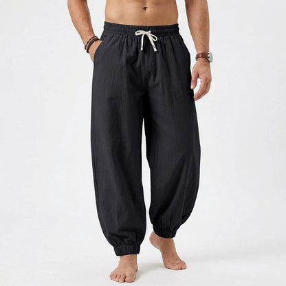 Men's relaxed harem pants made of linen blend with elastic drawstring waistband and gathered ankle cuffs EVA-US