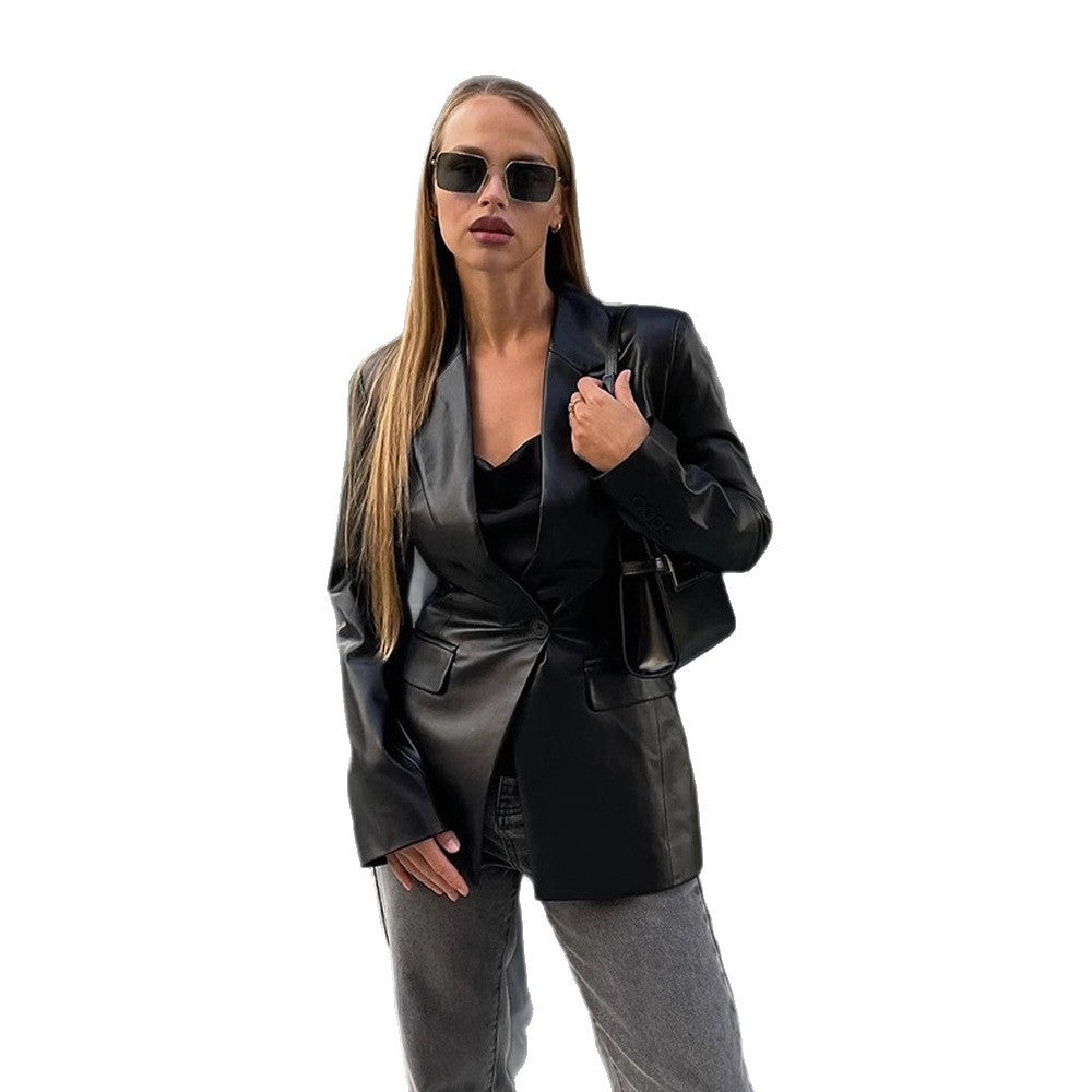 Women's Tailored Long Blazer in Leather Look with Shoulder Pads and Flap Pockets EVA-US