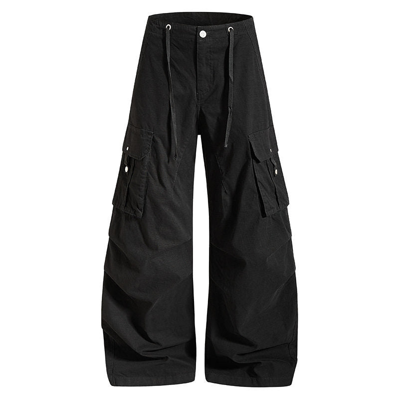 Women's wide high-waist cargo pants with drawstring waistband and large flap pockets EVA-US