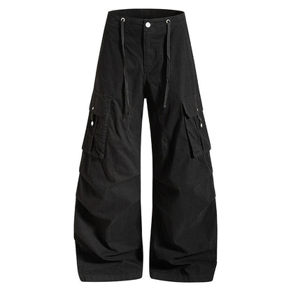 Women's wide high-waist cargo pants with drawstring waistband and large flap pockets EVA-US