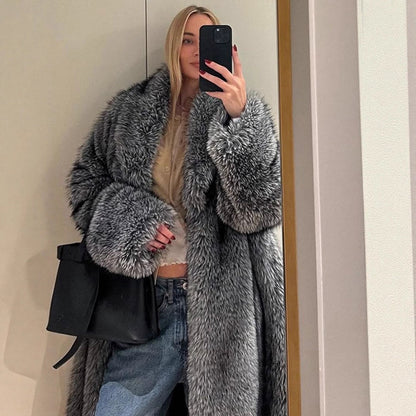 Women Oversize longer faux fur coat with voluminous sleeves EVA-US