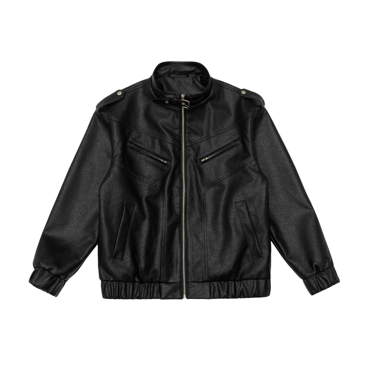 Men's leather bomber jacket with funnel collar and shoulder epaulettes EVA-US