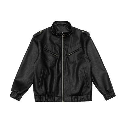 Men's leather bomber jacket with funnel collar and shoulder epaulettes EVA-US