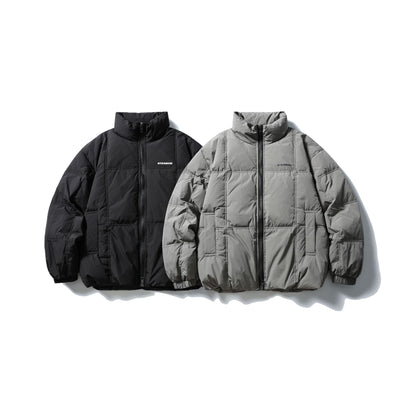 Men's Boxy Quilted Jacket with High Stand-Up Collar, Checked Quilting, and Elastic Hem