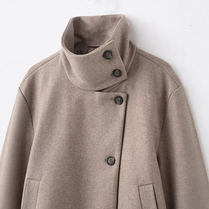 Women's Cropped Wool Blend Short Jacket with High Stand Collar, Asymmetric Button Placket and Cuffed Sleeves EVA-US