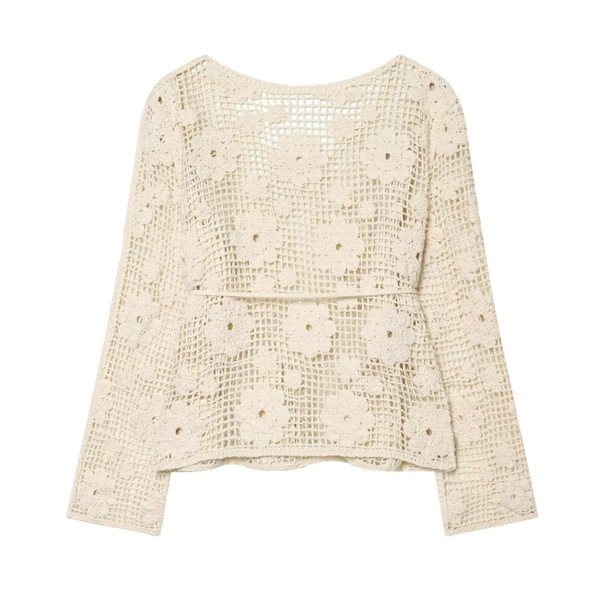 Women's crochet sweater with flower appliqués and drawstring EVA-US