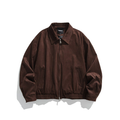 Men's short-cut velour blouson with shirt collar, two-way zipper, and elastic hem