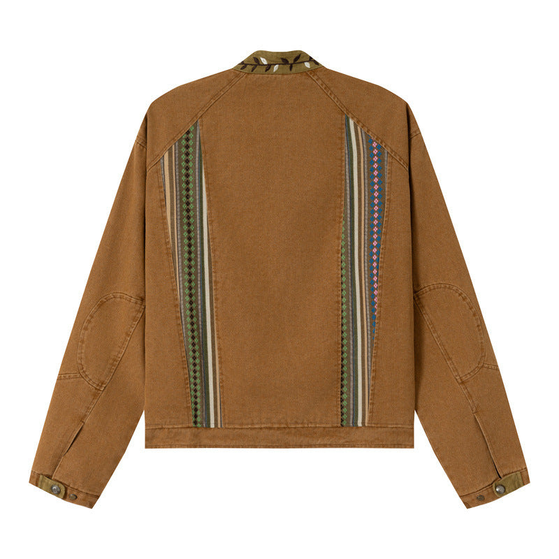 Women's Short Canvas Blouson with Woven Ethno Striped Front and Flap Pockets EVA-US