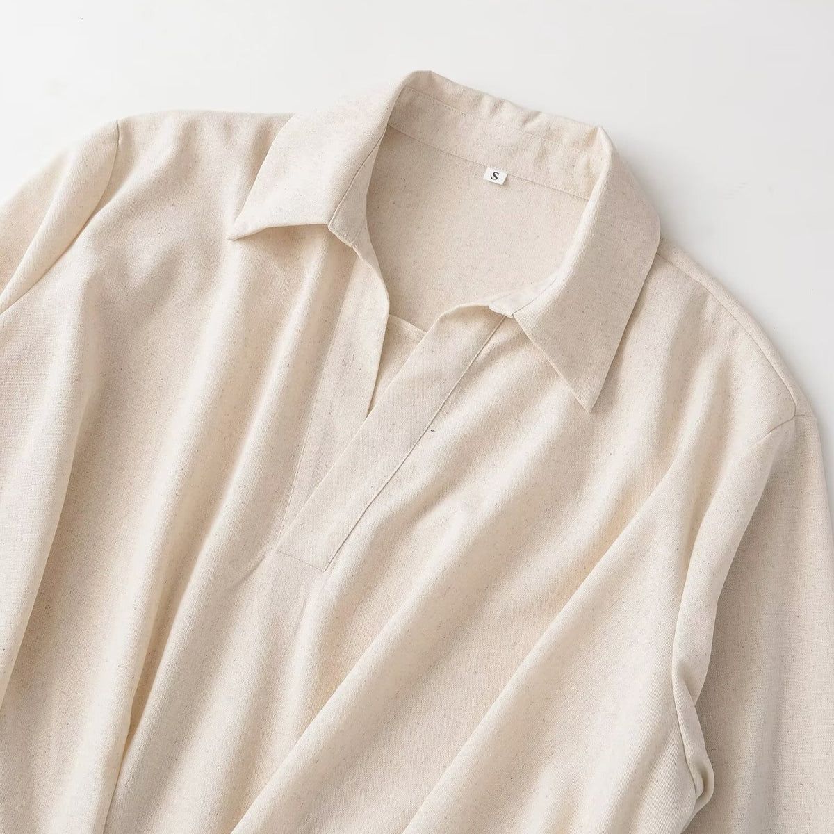 Women's Oversized Linen Blouse with Open V-Neck and Gathered Hem EVA-US