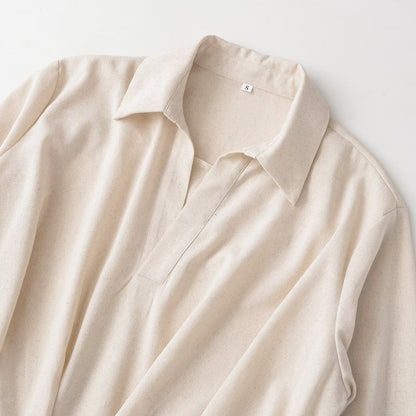 Women's Oversized Linen Blouse with Open V-Neck and Gathered Hem EVA-US