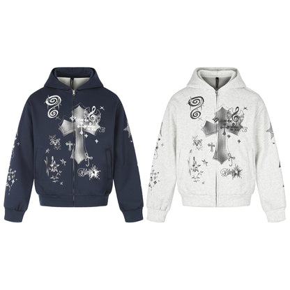 Unisex Printed Hooded Zip Jacket in Casual Boxy Cut with Full Zip EVA-US