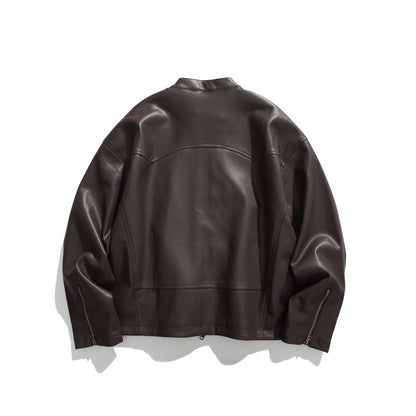 Men's leather-look bomber jacket with stand-up collar, angled zip pockets and minimalist seam design EVA-US