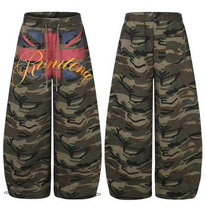 Women Extra Wide Camouflage Palazzo Pants with Drawstring Waist, Cord Drawstring and Adjustable Hem