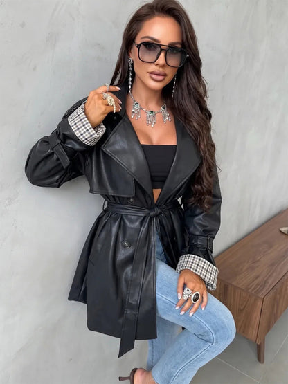 Women's Short Faux Leather Trench Coat with Belted Waist and Check Cuff Flaps EVA-US
