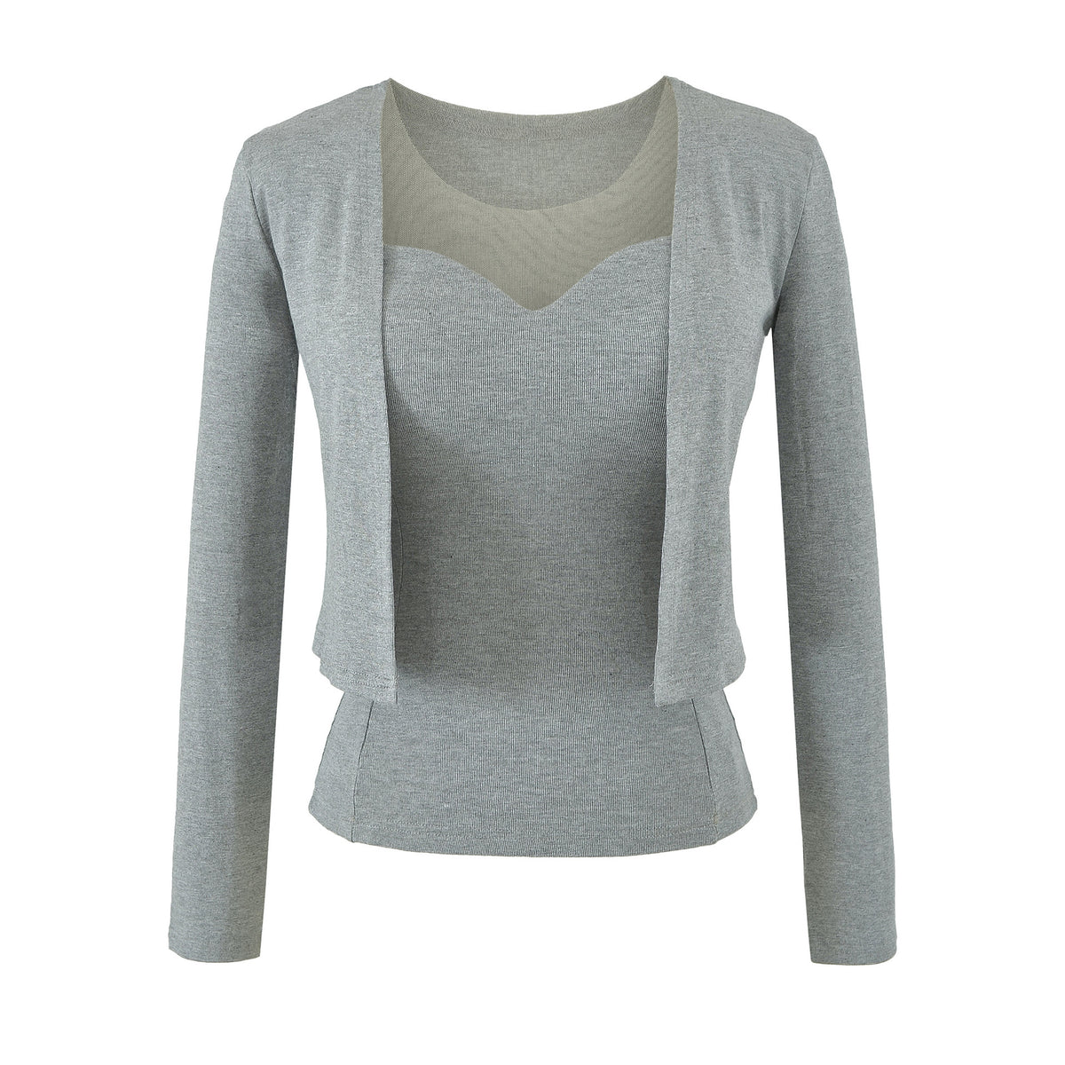 Ladies Two-Piece Fine Knit Top Set with Mesh Insert and Open Cardigan EVA-US