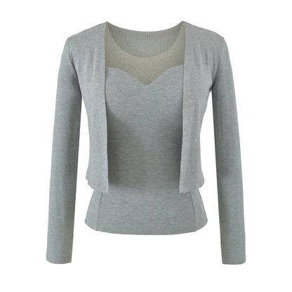 Ladies Two-Piece Fine Knit Top Set with Mesh Insert and Open Cardigan EVA-US