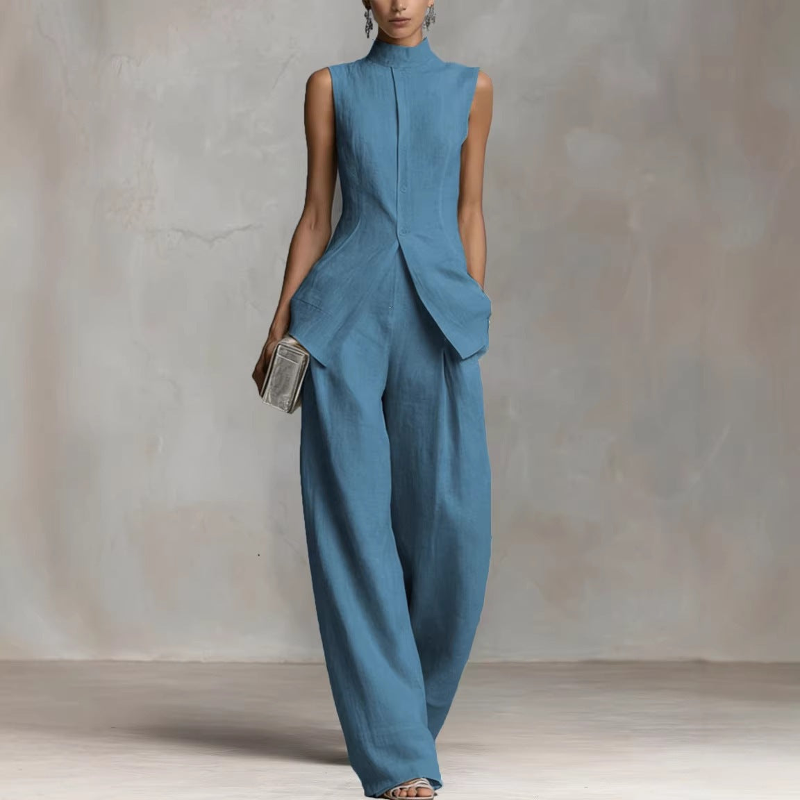 Women's Suit with Stand Collar and Wide Legs – Sleeveless Top & Marlene Pants