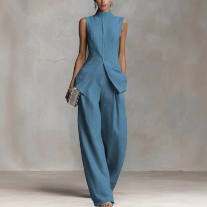 Women's Suit with Stand Collar and Wide Legs – Sleeveless Top & Marlene Pants