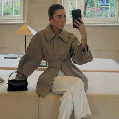 Women's Short Trench Coat with Waist Belt, Dropped Shoulder and Voluminous Balloon Sleeves EVA-US