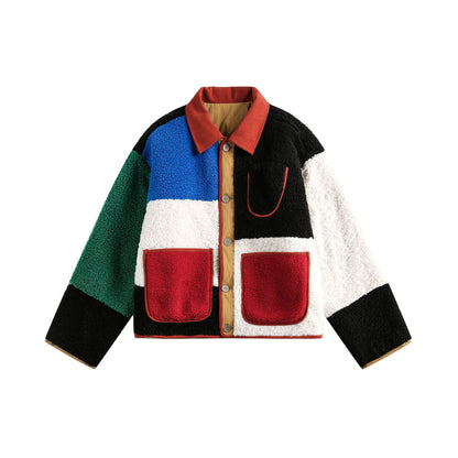 Unisex Boxy Patchwork Sherpa-Fleece Jacket with Cord Collar and Patch Pockets EVA-US