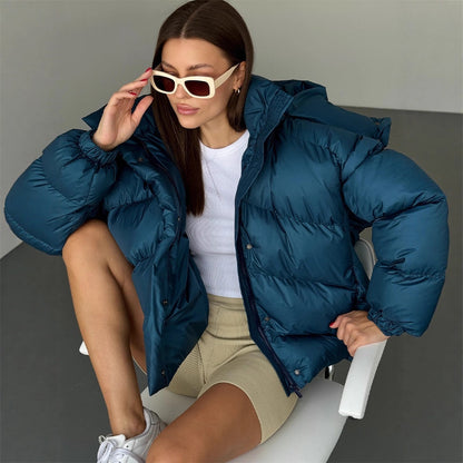 Ladies short puffer jacket with thermal filling, oversized hood & concealed two-way zipper EVA-US