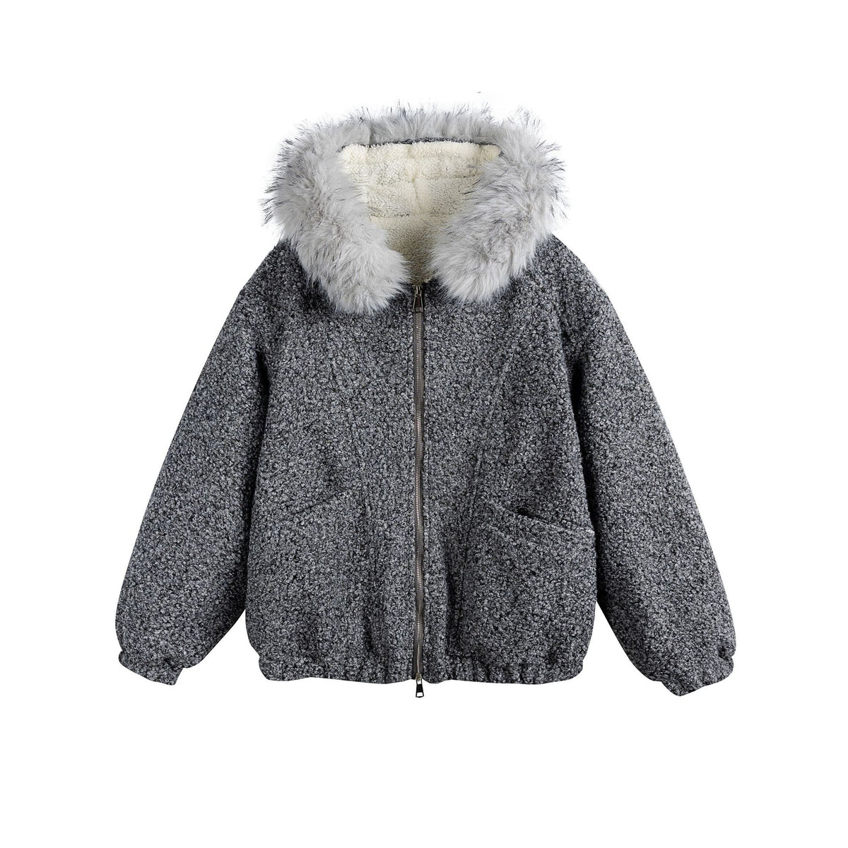 Women's Boucle Blouson Jacket with Voluminous Faux Fur Collar and Thermal Lining EVA-US