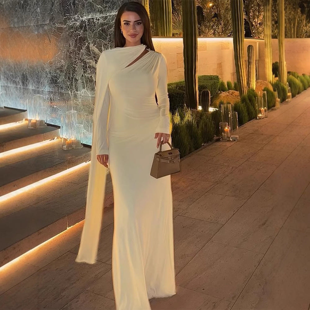 Women's Tailored Maxi Dress with Asymmetric Cape and High Collar EVA-US
