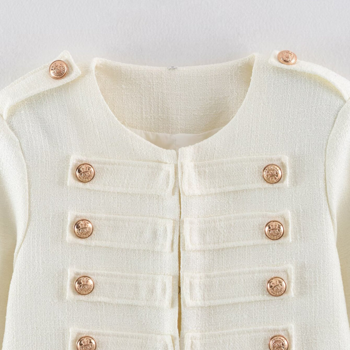 Women Short Boucle Jacket in Military Style with Decorative Stripes and Gold Buttons EVA-US