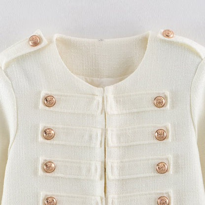 Women Short Boucle Jacket in Military Style with Decorative Stripes and Gold Buttons EVA-US