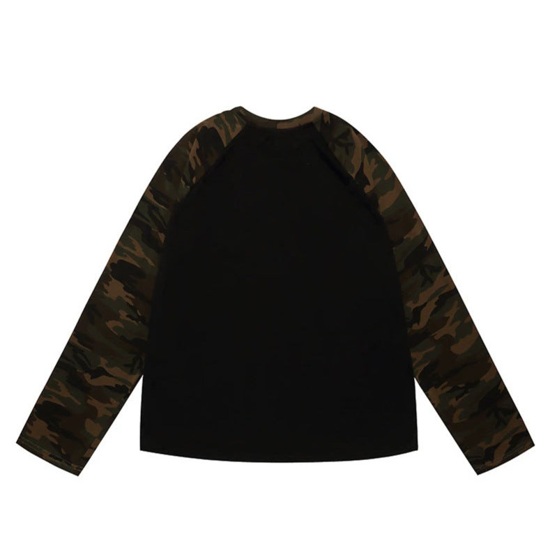 Women's Long Sleeve Shirt with Camouflage Raglan Sleeves and Rhinestone Logo Print EVA-US