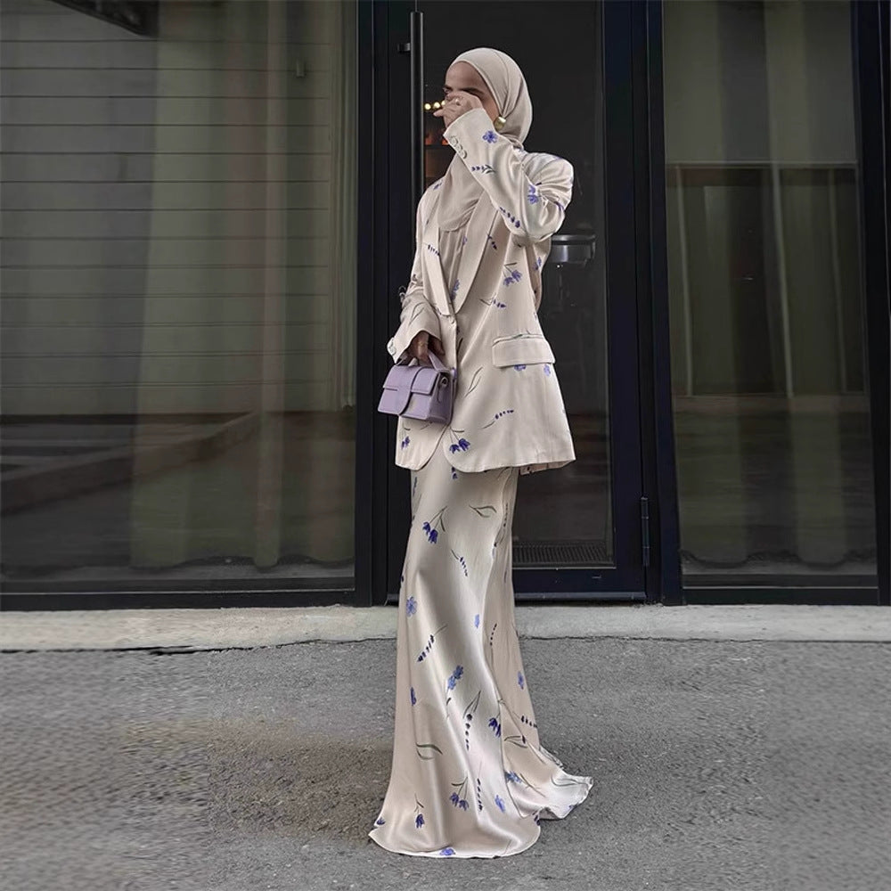 Women's Two-Piece Satin Suit with Floral Maxi Skirt and Oversized Blazer EVA-US