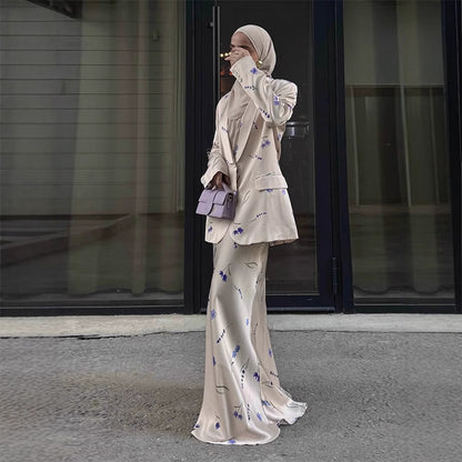 Women's Two-Piece Satin Suit with Floral Maxi Skirt and Oversized Blazer EVA-US