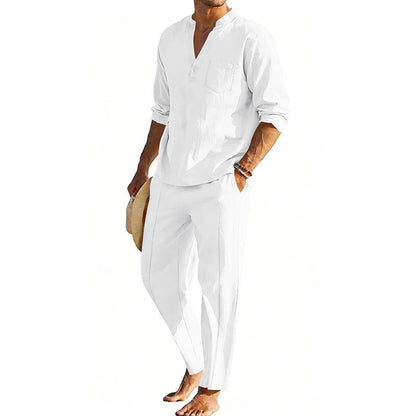 Men's comfortable linen two-piece with stand-up collar shirt and tapered ankle-length pants EVA-US
